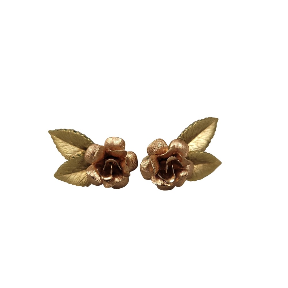 Vintage Krementz 14K Gold Overlay Rose Earrings Two Tone Floral Brass Copper